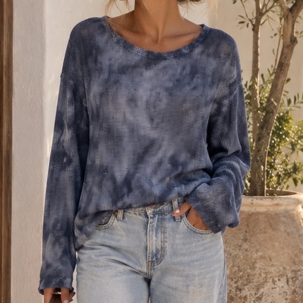 Faherty Brand Womens Blue Grey Tie Dye 100% Linen Lightweight Knit Sweater L F2